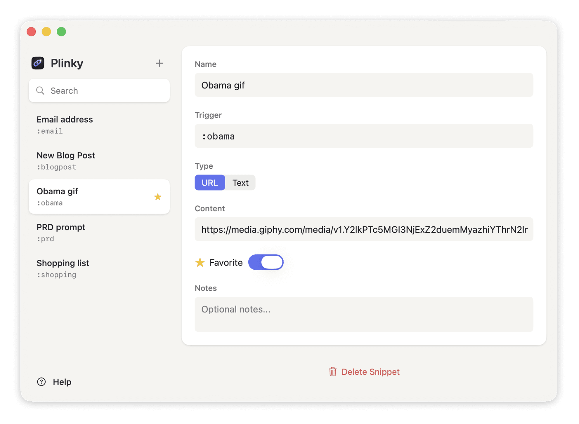 Plinky app — snippet editor showing text expansion in action